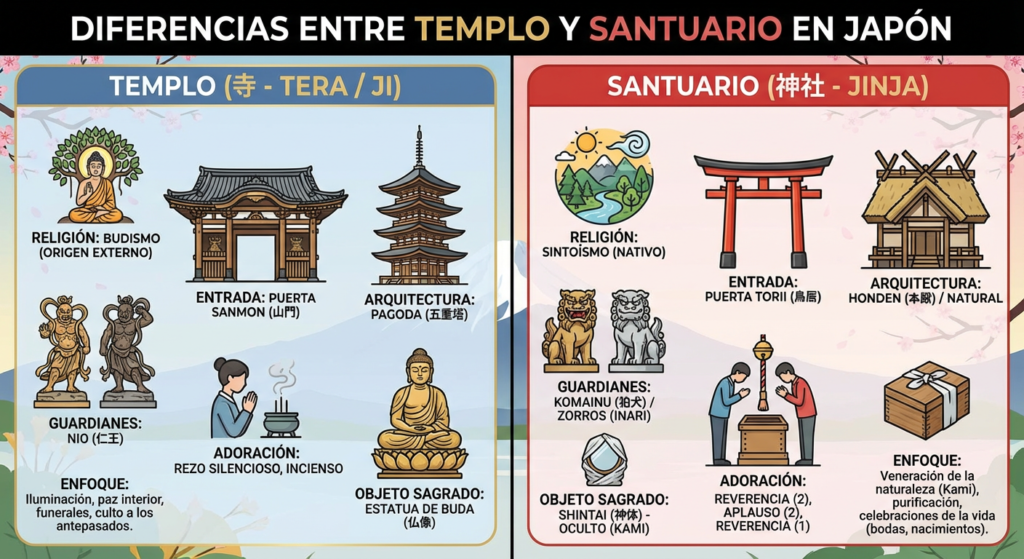 infografia de las diferencias entre templo y santuario en japon