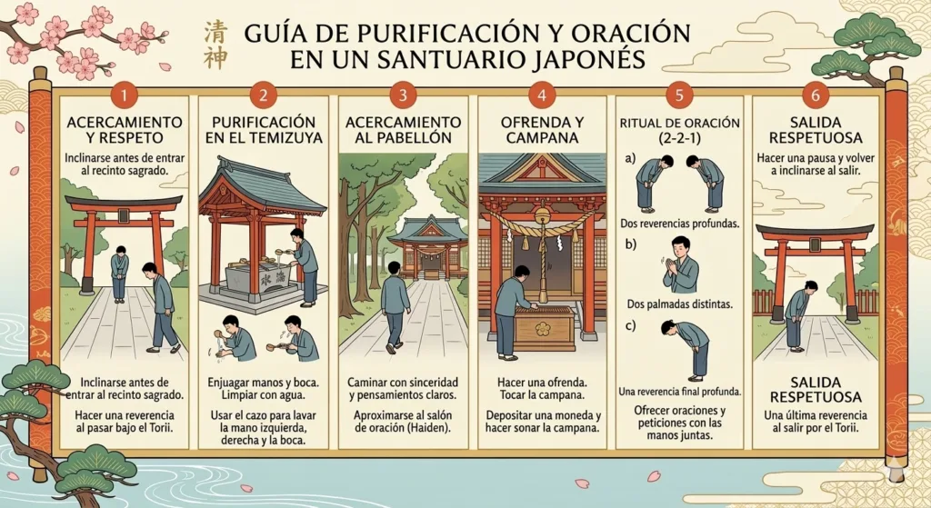 infografia guia de purificacion y oracion en un santuario japones