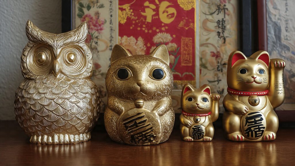 Buho y  meneki nekos  decorados con pan de oro